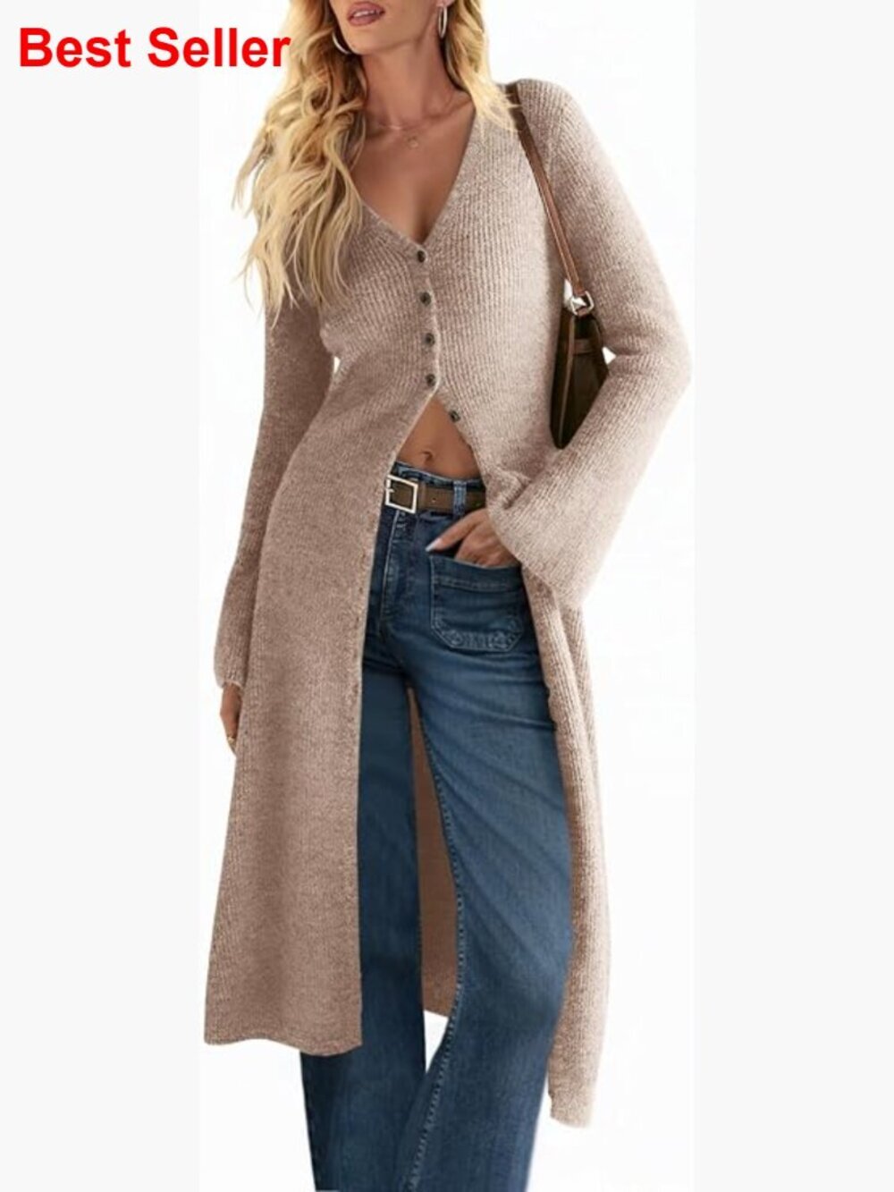 Oversized Bell Sleeve Open Front Button Down Long Cardigan Sweater Midi Dress